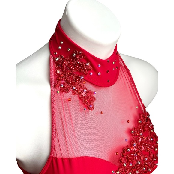 Beautiful New! Red Halter Custom Jazz Dance Costume With Feathers Small Adult💃 - Picture 3 of 8